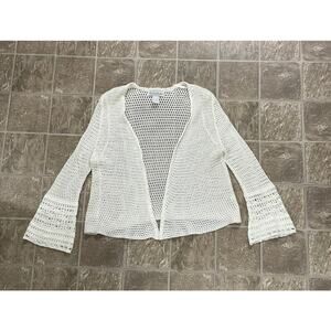 Off-White Open Front Knit Cardigan Size Large Flare Sleeves Crochet 3/4 Sleeve